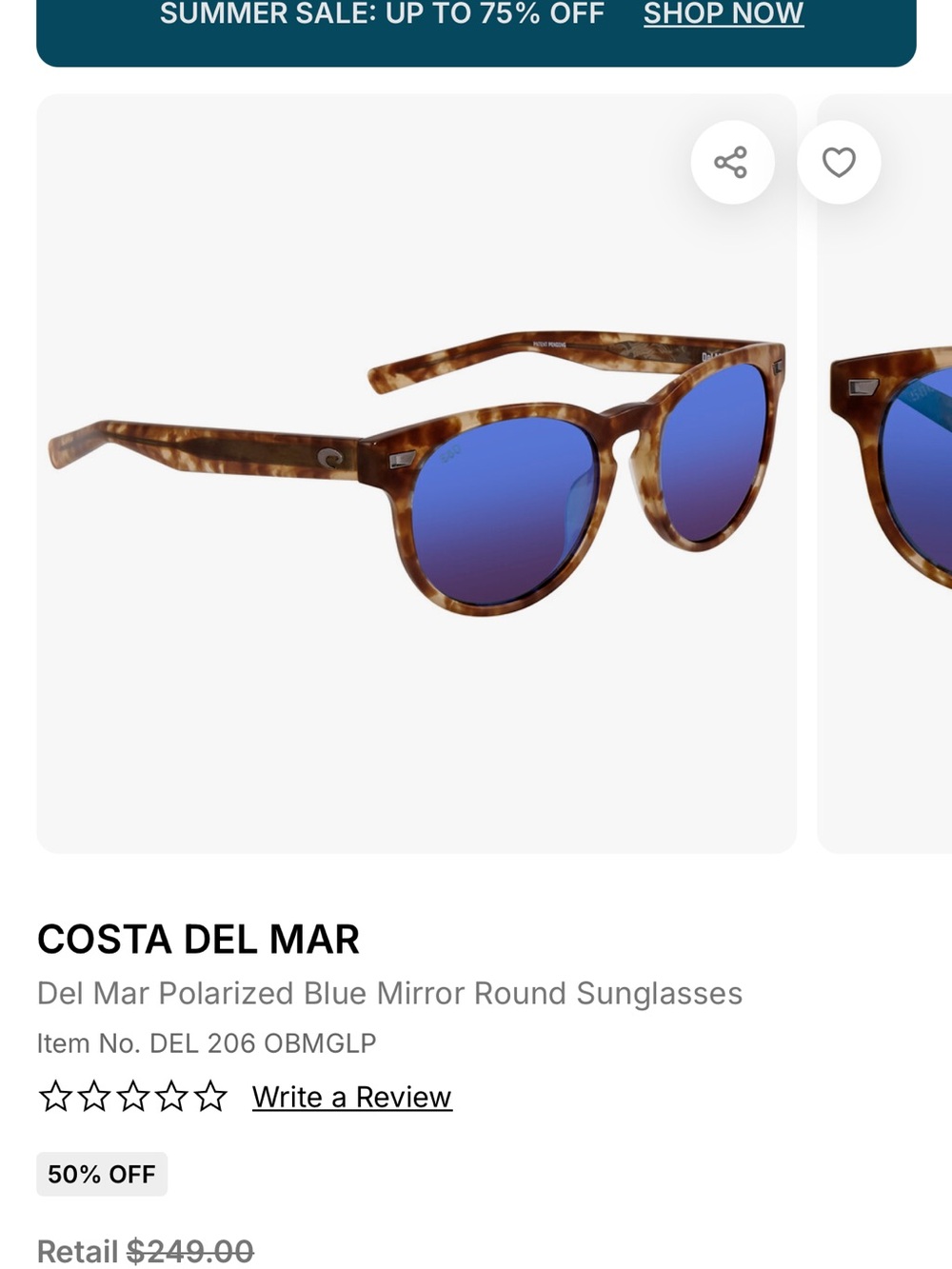 Costa Round Sunglasses - Tortoise Frame with Blue Mirror Lenses